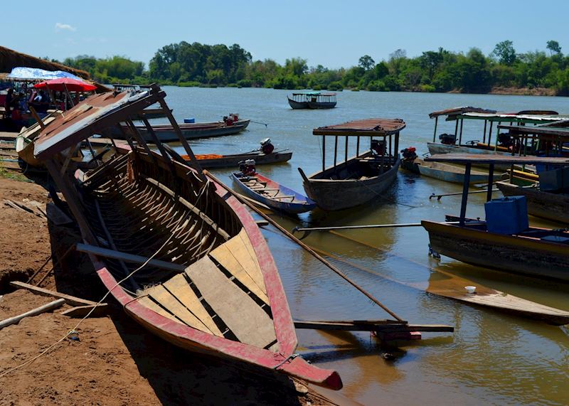Docked boats in the 4000 Islands, Laos