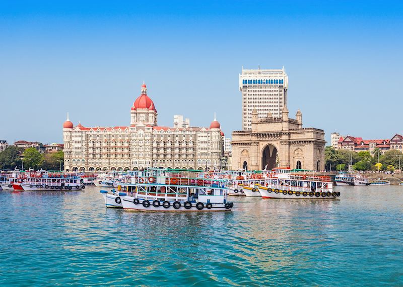 The Gateway of India and boats as seen from the harbour in Mumbai