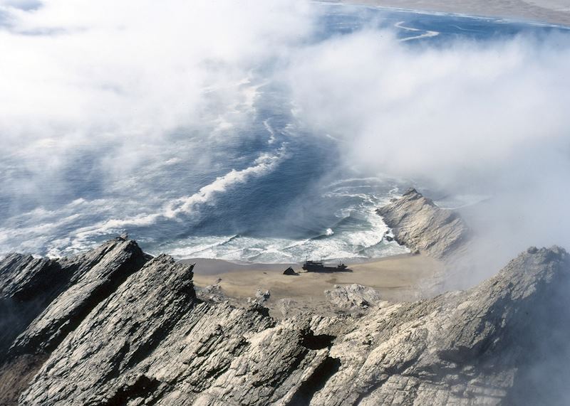 A shipwreck in the mist on the Skeleton Coast