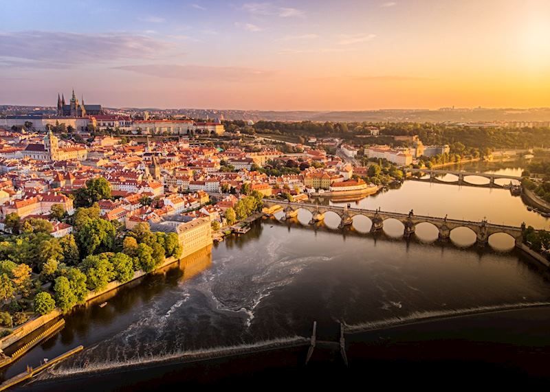 Aerial view of Prague and Charles Bridge