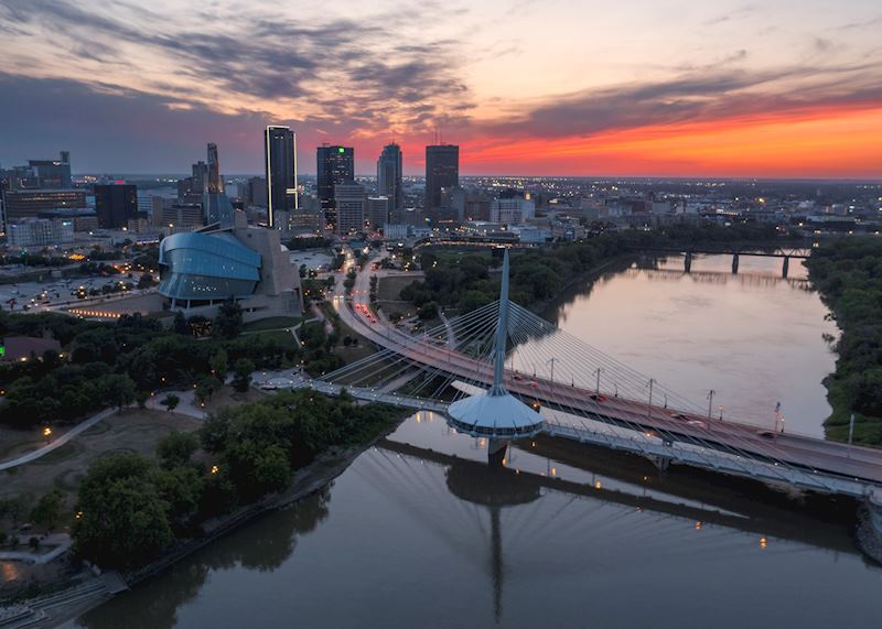 Winnipeg skyline at sunset, Travel Manitoba