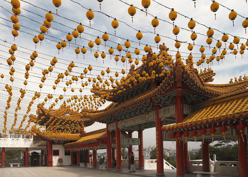 Lanterns hanging across a temple courtyard in Kuala Lumpur, Malaysia