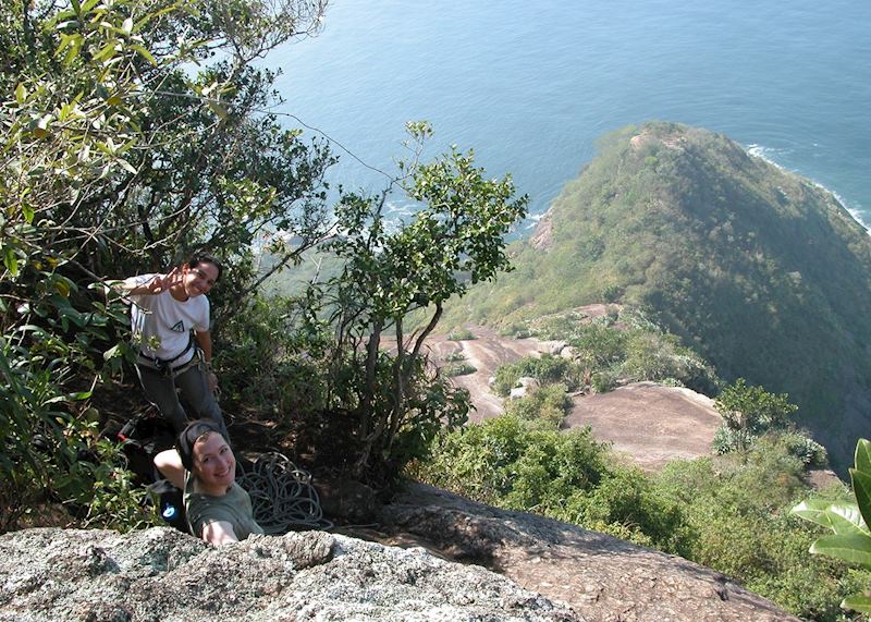Climbing Sugarloaf Mountain with views over Guanabara Bay, Rio de Janeiro
