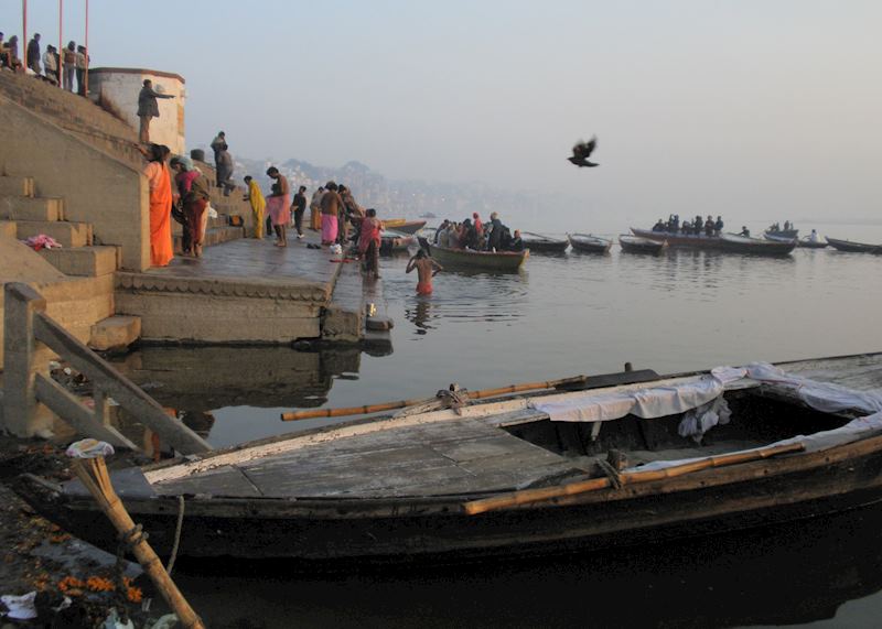 Early morning the ghats come alive with pilgrims bathing in the sacred Ganga, Varanasi
