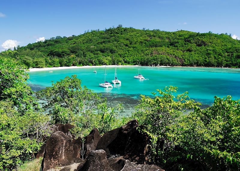 Yachts moored in a bay in Mahe