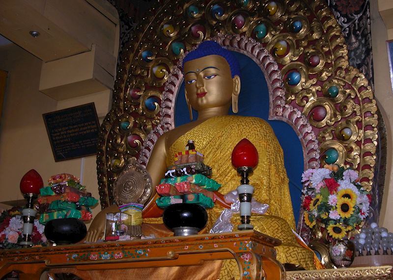 Beautiful idol of Buddha inside the main temple at Norbulingka