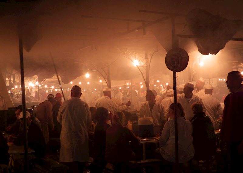 Food stalls in the atmospheric Djemaa El Fna, Marrakesh, Morocco