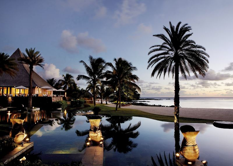 Stars restaurant and pool at sunset, Shanti Maurice, Mauritius