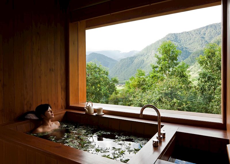 Hot stone bath at the Shambhala Spa at Uma Punakha, Punakha