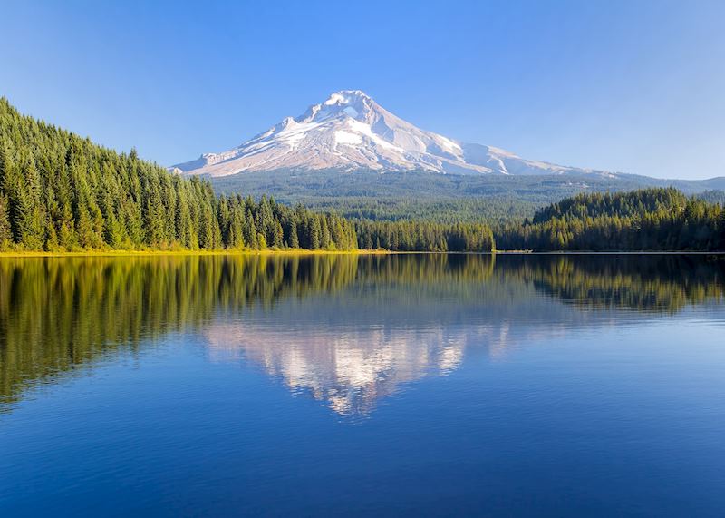 Mt Hood at Trillium Lake on a sunny blue sky day in Oregon USA