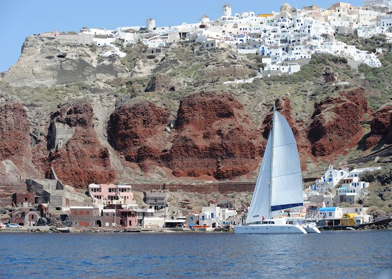 Catamaran in front of Oia, Santorini