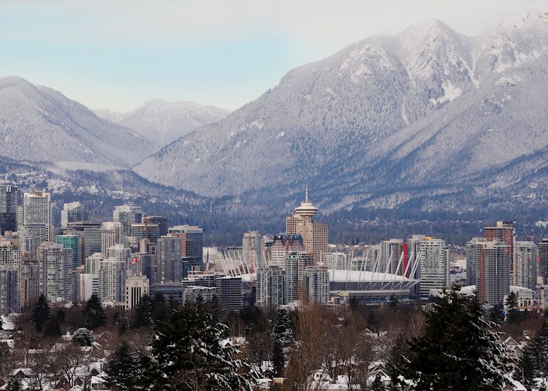 Winter at BC Place Stadium and surrounding mountains, Vancouver