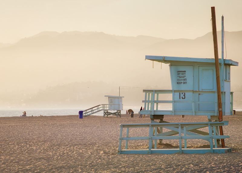 Lifeguard cabin at sunset on Santa Monica beach